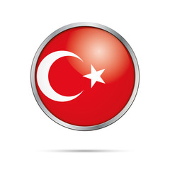 Obraz premium Vector Turkish flag Button. Turkey flag in glass button style with metal frame.