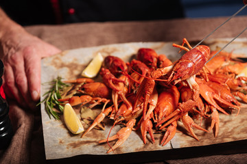 Crayfishes standing on a table in restaurant