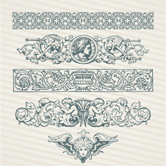 Decorative elements in vector collection with retro ornament pattern in antique roman and baroque style