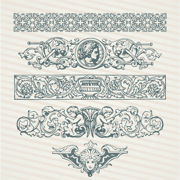 Decorative elements in vector collection with retro ornament pattern in antique roman and baroque style