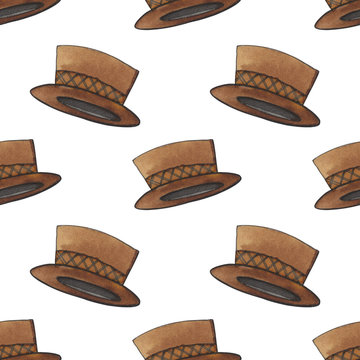 Hipster fashion men accessories. Watercolor illustration of hats. Seamless pattern.
