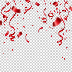 Red ribbon and confetti celebration isolated on transparent