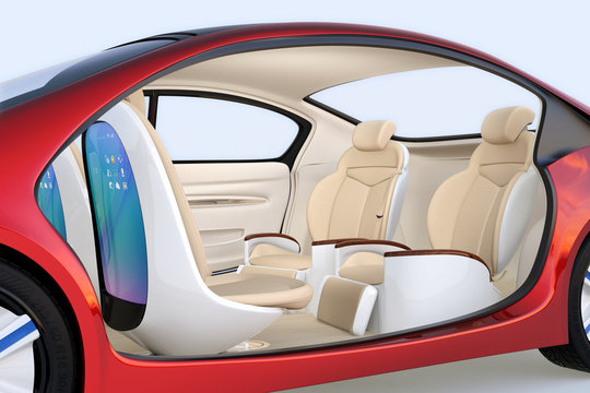 Self-driving car concept image. Front seats' back monitor showing digital interface which could connect to Internet. 3D rendering image.