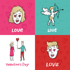 Happy Valentine's Day, love card, poster. Hand drawn. Flat design vector illustration.