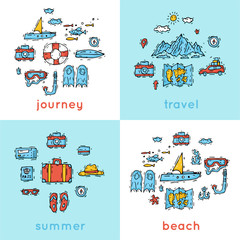 World Travel. Hand drawn. Planning summer vacations. Summer holiday, journey, traveling. Tourism and vacation theme. Flat design vector illustration.
