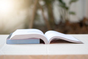 Open book on nature environment with light. 