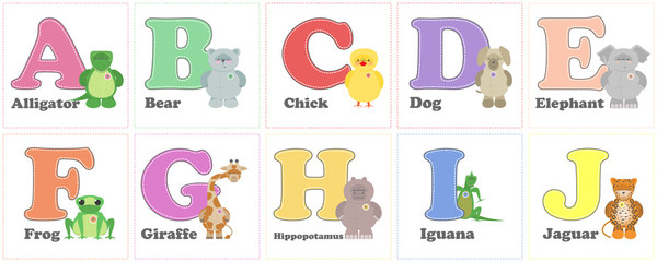 Alphabet Zoo, funny plush animals. English alphabet letters from A to J. The vector cartoon