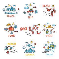 Fototapeta premium World Travel. Hand drawn. Planning summer vacations. Summer holiday, journey, traveling. Tourism and vacation theme. Flat design vector illustration.