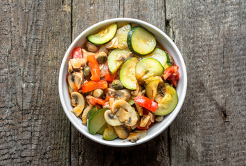 Fresh vegetarian dish made from cooked vegetables, healthy eatin