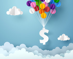Paper art of dollar sign hanging with colorful balloon
