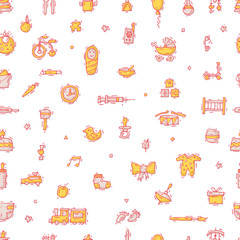 Baby Seamless pattern, background. Hand drawn vintage style. Flat design vector illustration.