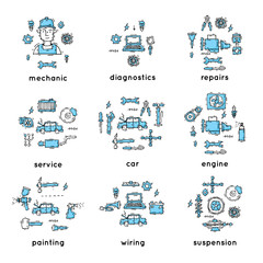 Mechanic. Auto engine repair elements. Suspension, painting, polishing. Car service. Set of icons. Hand drawn vintage style. Flat design vector illustration.