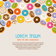 Chocolate and pink frosting caramel topping doughnut poster template. Vector donuts background with text