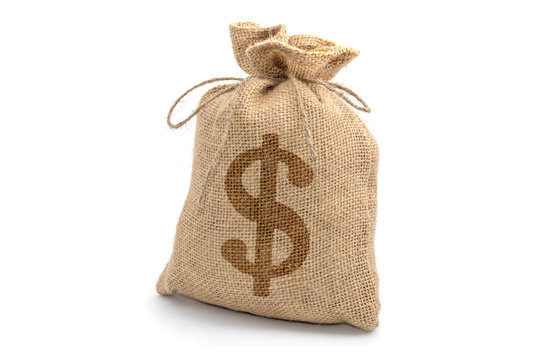 Bag from a sacking with dollar isolated on a white background