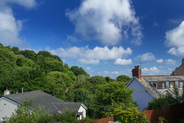 Roofs of houses surrounded by green trees. Combe Martin. North Devon. UK