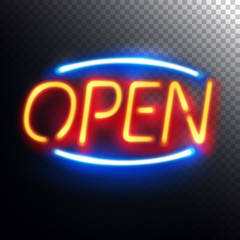 Neon Open sign with light and glow effect, isolated
