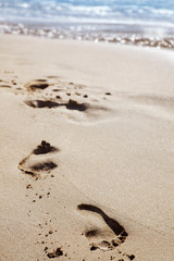 Fototapeta na wymiar Morning light on footprints in the sand 