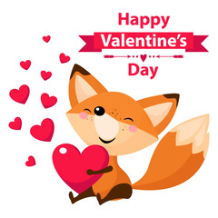 Cute and happy cartoon fox with heart.Vector illustration for happy valentines day card. Isolated on white background.