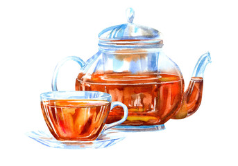 Glass cup and teapot of a black tea. Drink painting. Watercolor hand drawn illustration.