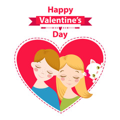 Cute and happy married couple and cat in heart. Greeting card for Valentines Day. Vector illustration.