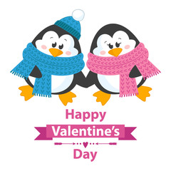 Cute and happy penguins holding hands.Vector illustration for happy valentines day card