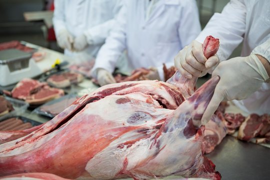 Butcher cleaning raw meat at meat factory