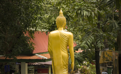 Gold buddha stand statue with nature background.