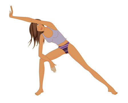 Bodyflex exercise lateral stretching, Girl performs exercise lateral stretching Bodyflex system on a white background