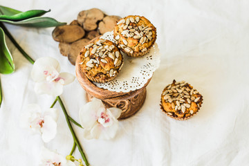 gluten-free muffins with dates and sunflower seeds,top view