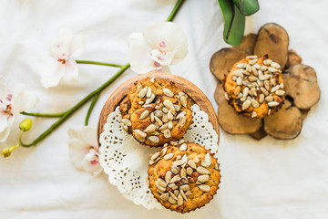 gluten-free muffins with dates and sunflower seeds,top view