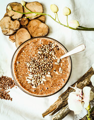 raw porridge from flax seeds with cocoa, banana,.healthy breakfa
