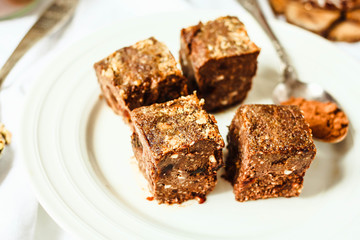 raw brownie with figs and green buckwheat, vegan diet, close-up