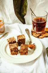 raw brownie with figs and green buckwheat, vegan, selective focu