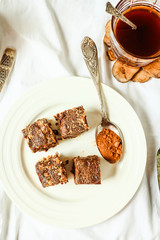 raw brownie with figs and green buckwheat, vegan diet, top view