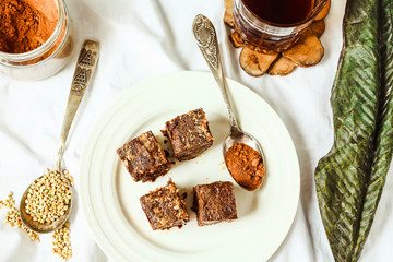 raw brownie with figs and green buckwheat, vegan diet