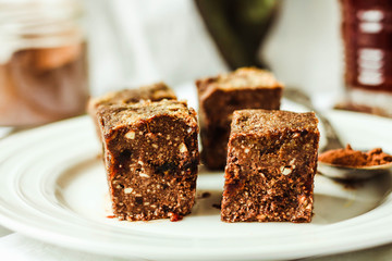 raw brownie with figs and green buckwheat, vegan diet,close-up