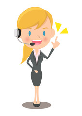 ヘッドセットをつけて説明する女性会社員