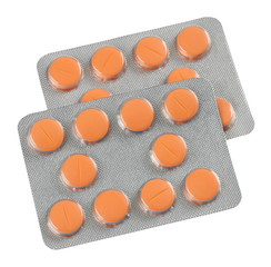 Pharmaceutical tablets in blister pack isolated on white background without shadows