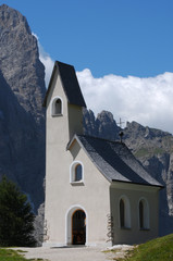 Fototapeta premium Church at Pass Gardena, Dolomites, Italy.