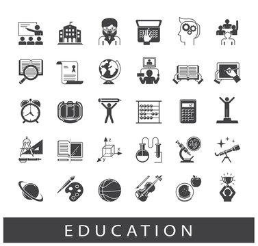 Collection of educational icons. Icons of school and education, distance learning, creative process, science, art and sport.