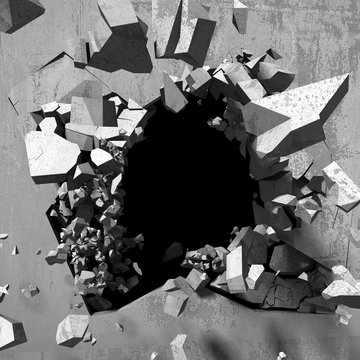 Cracked explosion concrete wall hole abstract background