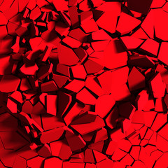 Demolition explosion chaotic fragments of red broken wall
