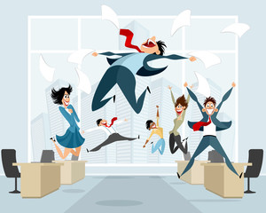 Businessmen in office jumping