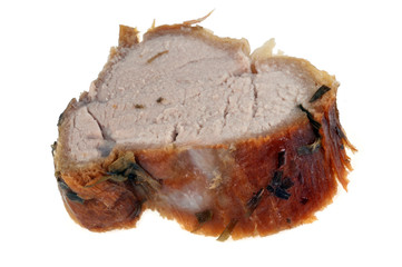 Tranche de filet mignon de porc sur fond blanc
