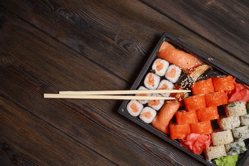 delicious sushi and rolls, set, chopsticks, Chinese food