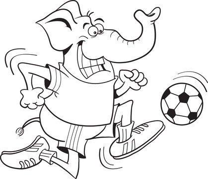 Black and white illustration of an elephant playing soccer.