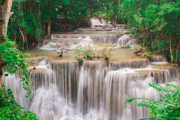 Fototapeta na wymiar 4th floor,Huay Mae Kamin Waterfall,beautiful waterfall at Kanchanaburi province, Thailand.