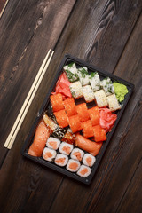 sushi with seafood, wooden sticks, set