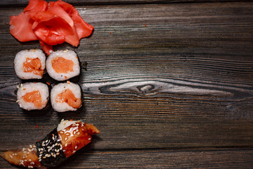 sushi, ginger, wooden background, rolls