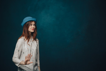 woman, hat, blue background, free place